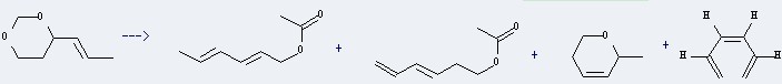 2,4-Hexadien-1-yl acetate can be prepared by 4-propenyl-[1,3]dioxane, and others product are 1-acetoxy-hexa-2,4-diene, hexa-1,3,5-triene and 6-methyl-3,6-dihydro-2H-pyran
